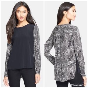 Diane Von Furstenberg 100% Silk Printed Long Sleeve Louisa Black/White Blouse